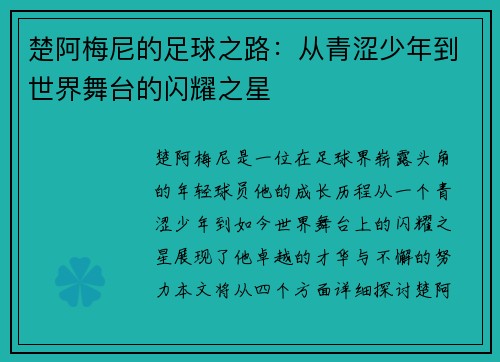 楚阿梅尼的足球之路：从青涩少年到世界舞台的闪耀之星
