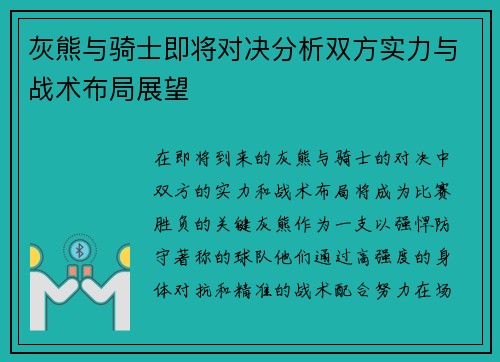 灰熊与骑士即将对决分析双方实力与战术布局展望